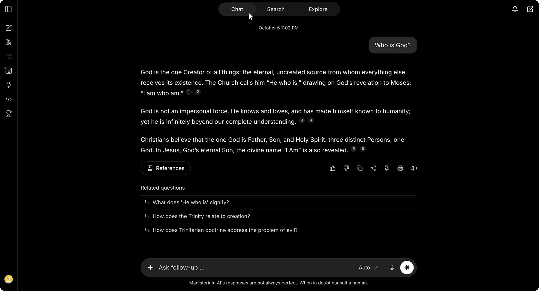Magisterium AI Chat mode interface