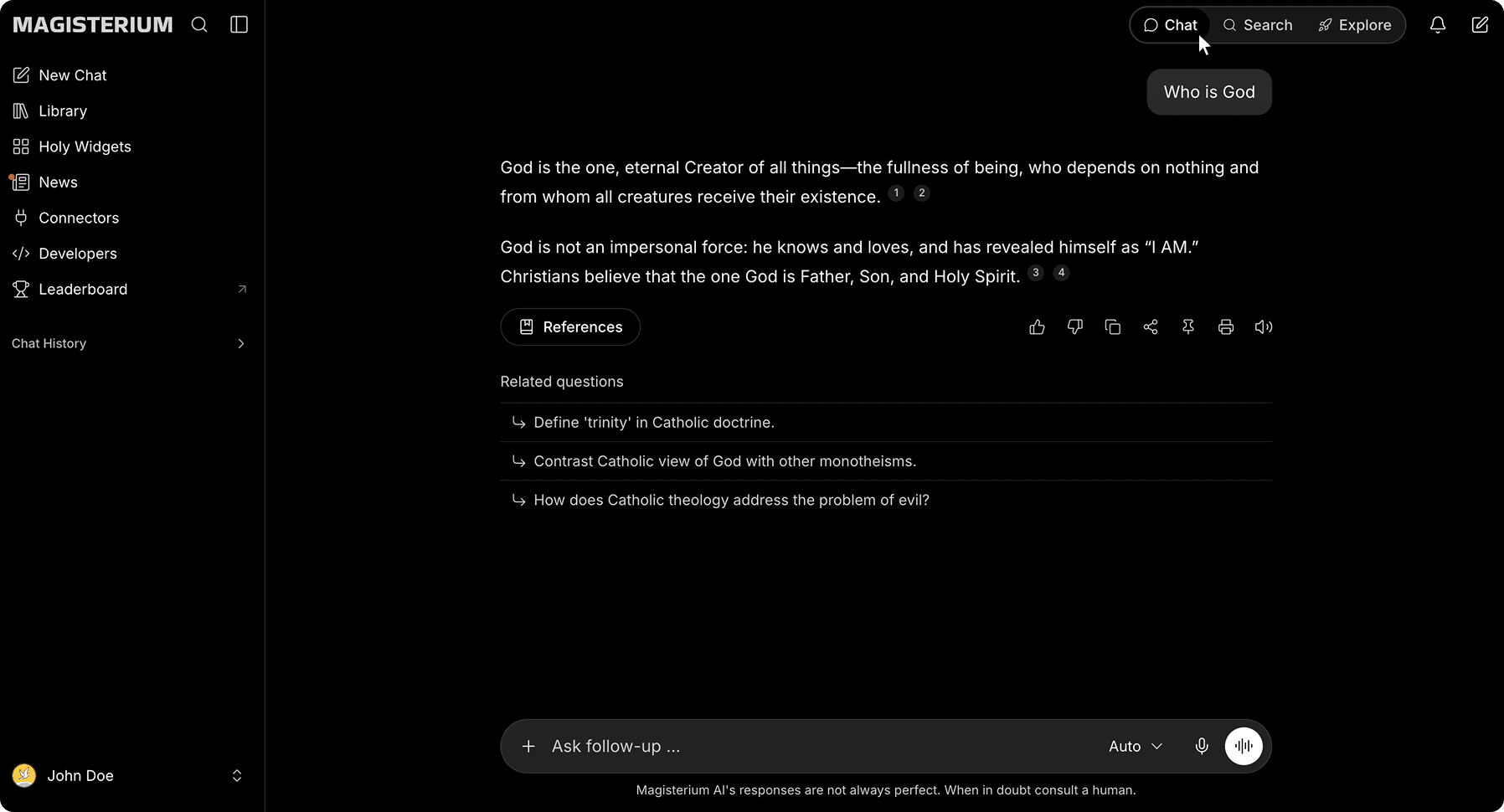 Magisterium AI Chat mode interface