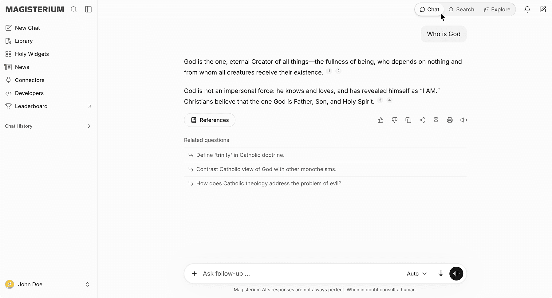 Magisterium AI Chat mode interface