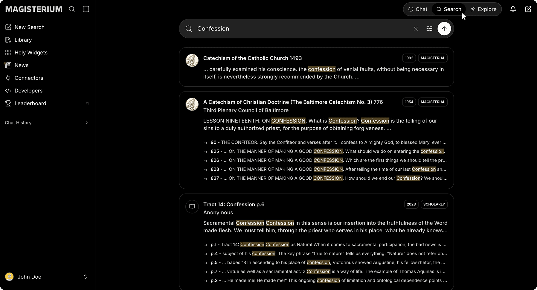 Magisterium AI Search mode interface