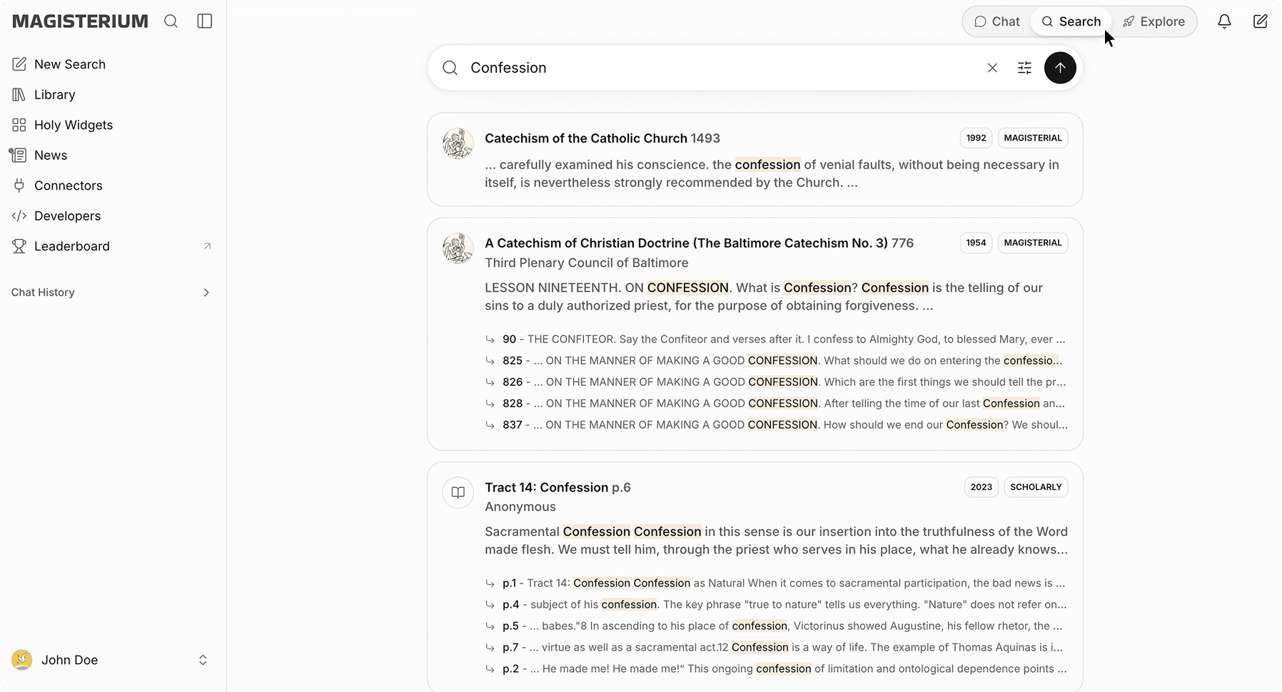Magisterium AI Search mode interface