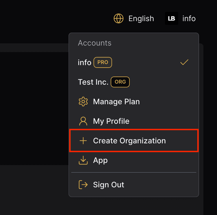Create organization menu option