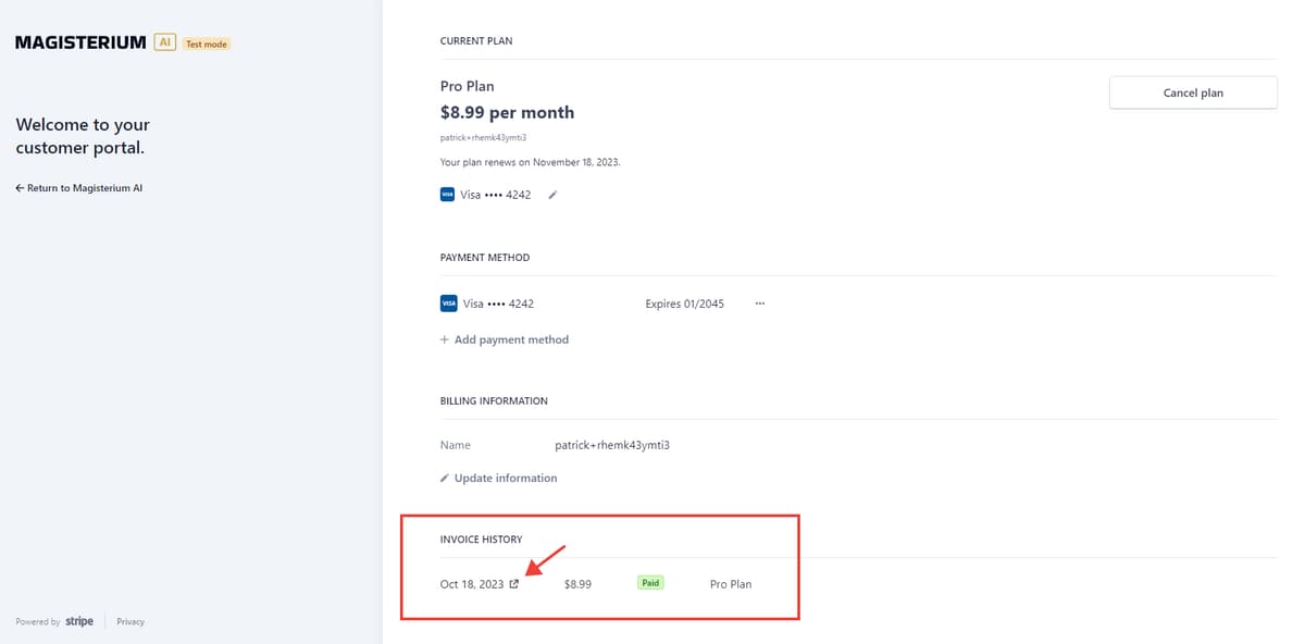 Invoice history section