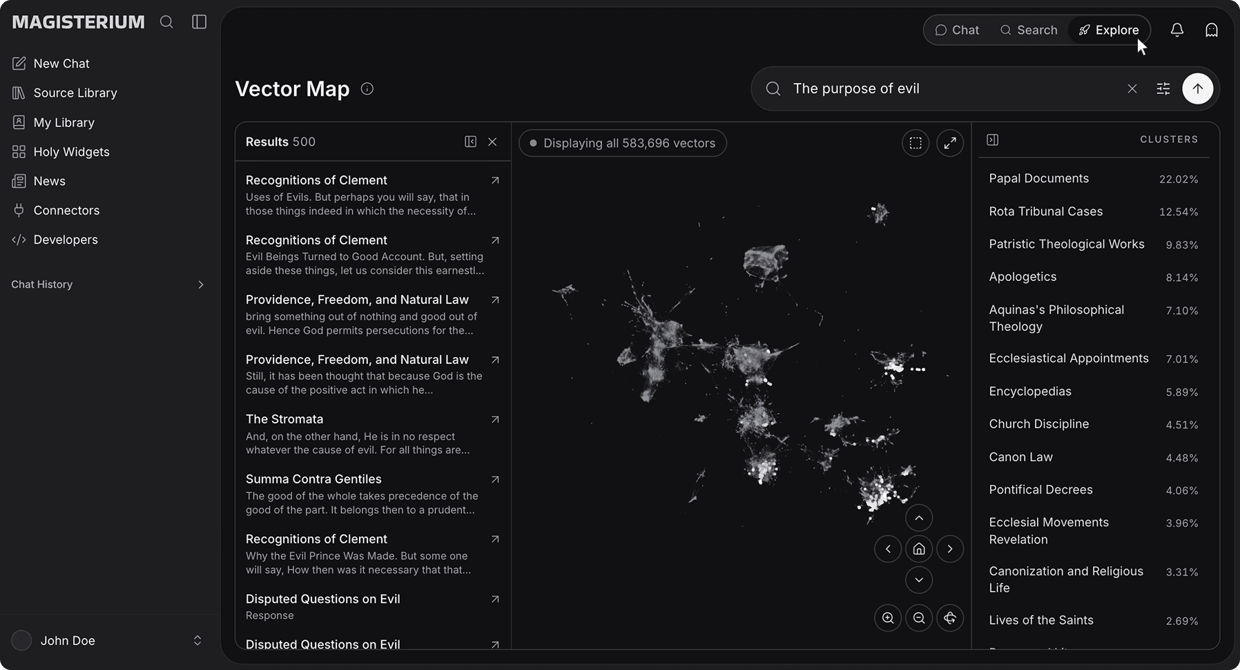 Magisterium AI 探索(Explore) mode interface