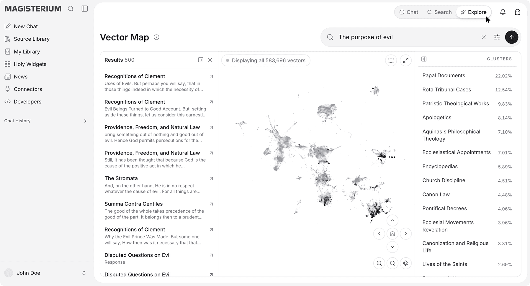 Magisterium AI 探索(Explore) mode interface