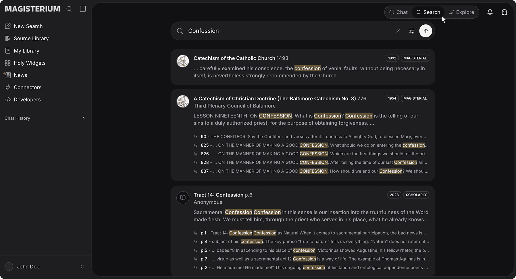Magisterium AI 搜尋(Search) mode interface