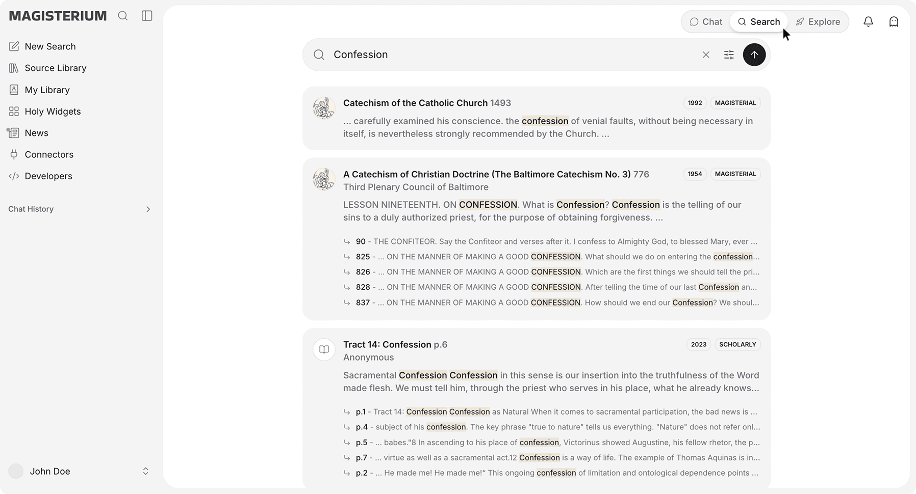Magisterium AI 搜尋(Search) mode interface