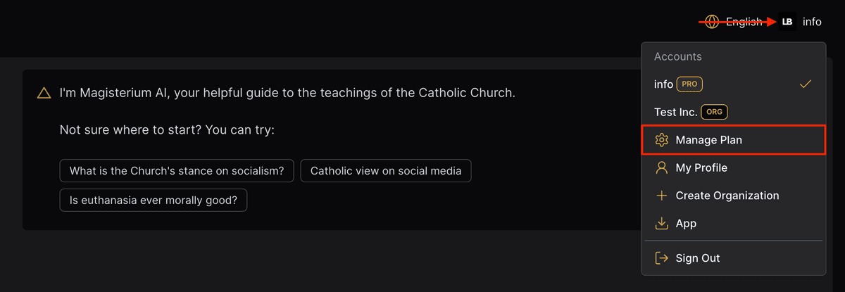 Manage plan menu option