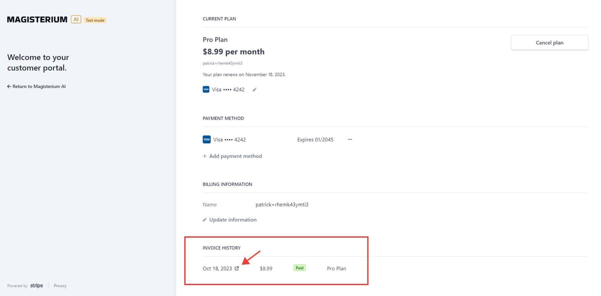 Invoice history section